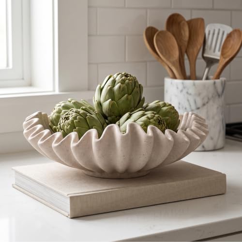 Decorative Bowl for Coffee Table, Modern Handcraft Ruffle Entryway Key Bowl - color: Beige Speckled-9.65in