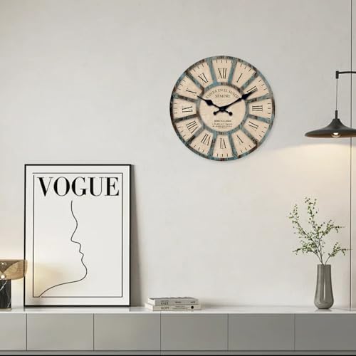 Rustic Wooden Silent Wall Clock Battery Operated 14 Inch - color: Blue1, size: 14 Inch