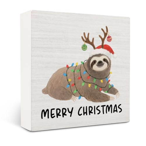 Merry Christmas Sloth Wooden Box Sign Desk Decor, Gifts for Sloth Lovers, Holiday Christmas Bradypod Wood Block Sign for Home Office Desk Table Shelf Wall Decorations, 5x5 Inch - color: Sloth