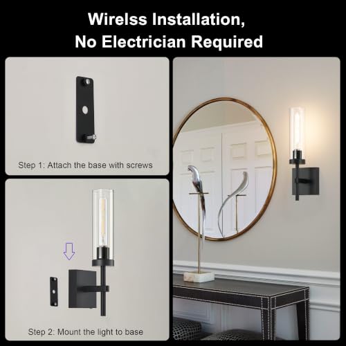 SANTOSTOCK Black Wireless Wall Sconces with Remote Control, Battery Operated Wall Sconce Set of 2, Rechargeable Dimmable Wall Lights for Bedroom Living Room Bathroom Hallway Entryway Stairwell, 3000K - color: Black & Clear Glass, size: Battery 16 Inch