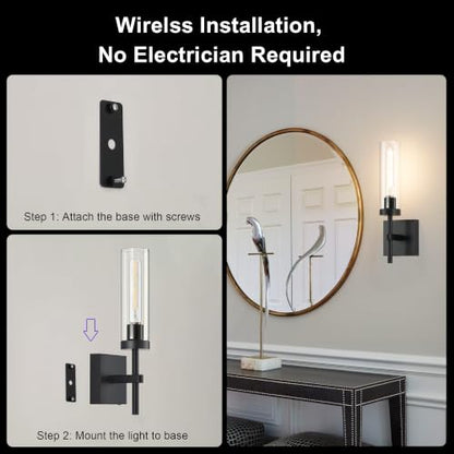 SANTOSTOCK Black Wireless Wall Sconces with Remote Control, Battery Operated Wall Sconce Set of 2, Rechargeable Dimmable Wall Lights for Bedroom Living Room Bathroom Hallway Entryway Stairwell, 3000K - color: Black & Clear Glass, size: Battery 16 Inch