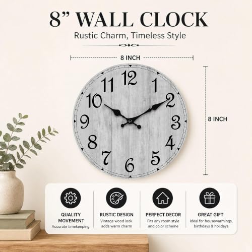 8 Inch Wall Clock, Silent Battery Operated Analog Clock, Grey - color: B-grey Retro, size: 8"