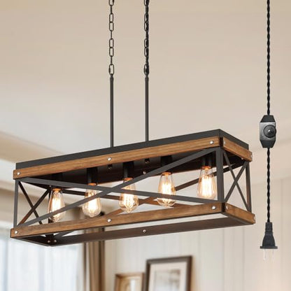 Rustic Farmhouse Plug in Kitchen Island Lighting, 5 Lights Rectangular Pendant Light Fixture with Adjustable Chain, Dimmable Switch, Oak Wood and Metal Linear Chandelier for Dining Room Home, Black - size: Large 5-Light Hanging Lamp