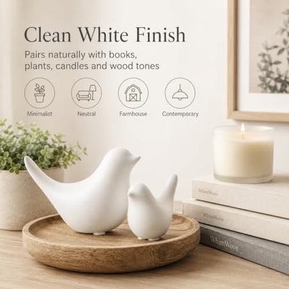 White Ceramic Bird Figurines and Statues, 2 Piece Bird Decor - color: White