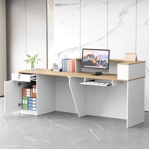 78.7" Reception Desk with Slat Panels for Office, Salon & Lobby - color: White/Oak, size: 78.7''L x 23.6''W x 39.3''H