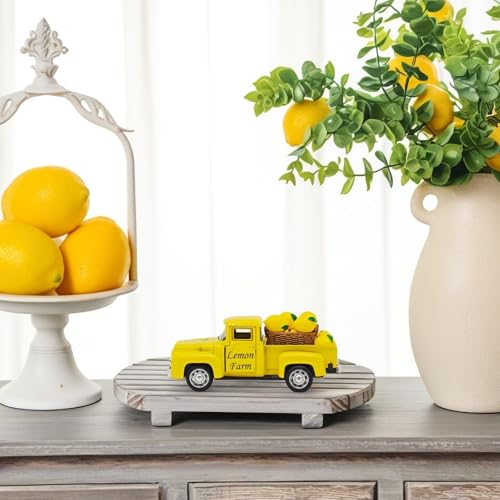 Lemon Decor - 4.9″Farmhouse Vintage Metal Truck with Mini Fake Lemons for Home Kitchen Table, Shelf, Party Decorations and Lemonade Stand Decor Summer Tiered Tray Decoration - color: Lemon-yellow