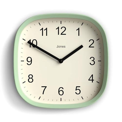 JONES CLOCKS® Sprite wall Clock | Modern Square Clock | 10" | Mint Green - color: Neo Mint