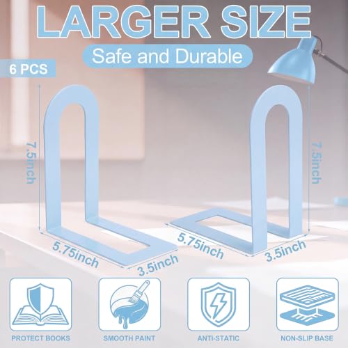 Chunful 6 Pcs Light Blue Metal BookEnds Shelves, 7.5 x 5.75 x 3.5 in - color: Light Blue, size: 7.5*5.75*3.5inch