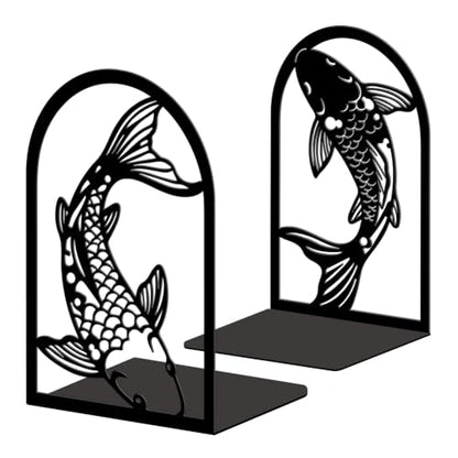 Peacoblue 5.3"x4.3"x7.9" Metal Bookends, Heavy Duty Book Ends for Shelves - style: Black and White Koi Fish