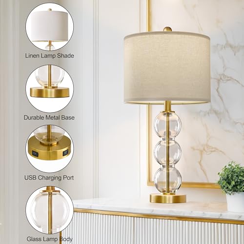 Oneach 25" Glass Table Lamps Set of 2, Gold Modern Table Lamps with USB Ports for Living Room, Linen Shade Bedside Lamps for Bedroom, Nightstand, Side Table (Bulbs not Included) - color: Gold