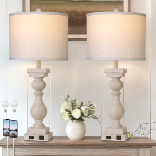 28" Tall Farmhouse Table Lamps Set of 2 with USB A+C Ports and AC Outlet, 3 Way Touch Rustic Bedside Lamps for Living Room, Beige Vintage Lamps for Bedroom - color: Beige
