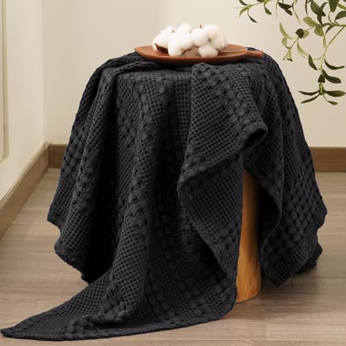 PHF Lightweight 100% Cotton Waffle Throw Blanket for Couch, Black - color: 14 Black, size: Throw(50"x60")