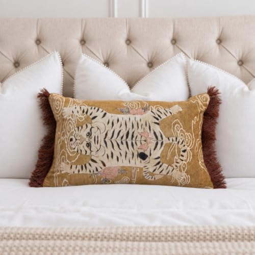 Creative Co-Op Tibetan Tiger Print Fringe Cotton Velvet Lumbar Pillow, Multicolor Finish