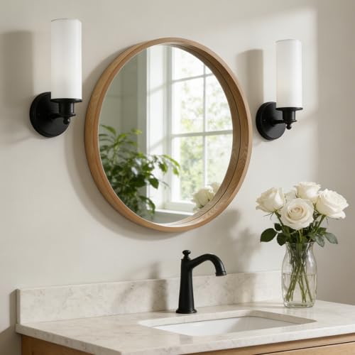WallBeyond 24 Inch Natural Round Wood Mirror, Circle Wooden Frame Wall Mirror for Bathroom, Living Room, Bedroom, Entryway - color: Natural, size: 24"L x 24"W