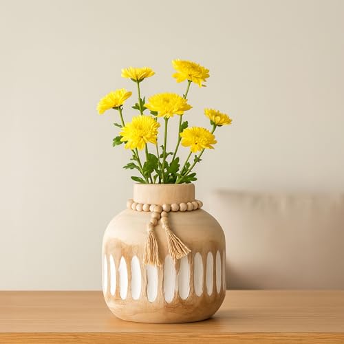 Paulownia Wood Decorative Vase – Flower Holder and Accent Vase – Shelf, Table, or Mantel Living Room Placement – Rustic Distressed Design and Relaxed Texture – Home Decor – 8", Brown - color: Brown