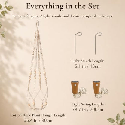 Macrame Plant Hanger with 2 Solar LED Lights, 35 in