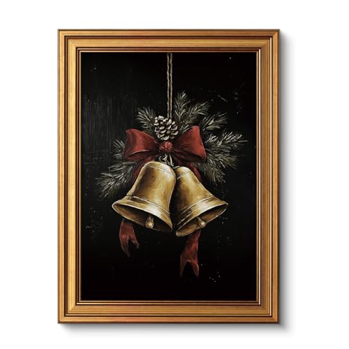 VIYYIEA Gold Framed Canvas Art, Vintage Christmas Bells Decor, 12x16Inch, Winter Retro Jingle Bells Picture Painting Gifts, xmas Decorations for Bedroom Living Room Shelf Fireplace entryway - color: Christmas Bells, size: 16"L x 12"W