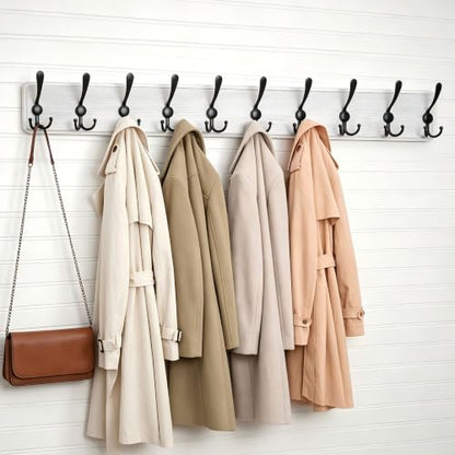 WEBI Coat Rack Wall Mount,38 9/16" Long,10 Hooks,Large Coat Hooks Wall Mounted,Coat Hanger Wall,Farmhouse Wood Hook Rack Rail,Triple Hooks for Hanging Coats,Clothes,Jacket,Black/White - color: White, size: 10 Hooks