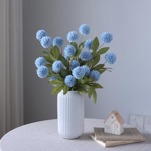 6 Pcs 27"Artificial Pompon Mum Silk Flower Stems for Vase (Dusty Blue) - color: Dusty Blue