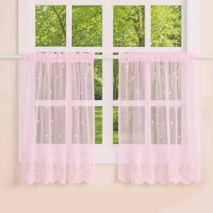 Molaxhome Kitchen Curtains Valance Pink Lace Floral Semi Sheer Curtain - color: Pink, size: 29"W x 35"L