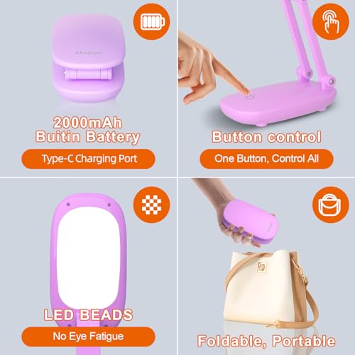 Akejrym LED Desk Lamp for Office Home & Battery Operated Lamp Rechargeable Lamp Foldable & Portable Light, [2-Fold Bracket] 3 Brightness Dimmable Small Desk Lamp Wireless Reading Lamp (Purple) - color: Purple