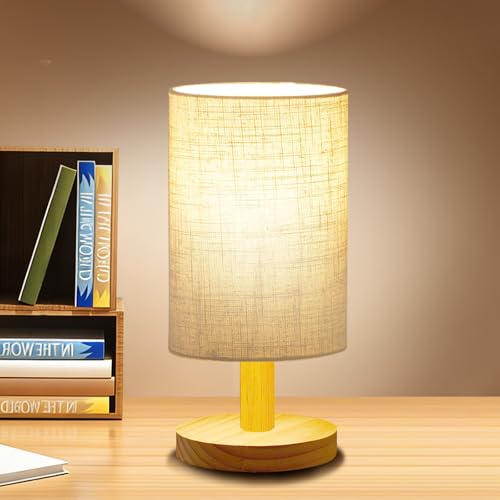 Small Table Lamp for Bedroom - Inline Control, Bedside Lamp for Warm Light LED Desk Lamp, Wood Base Round Flaxen Fabric Shade for Kids Room, Living Room, College Dorm, Home, Office - color: Inline Control