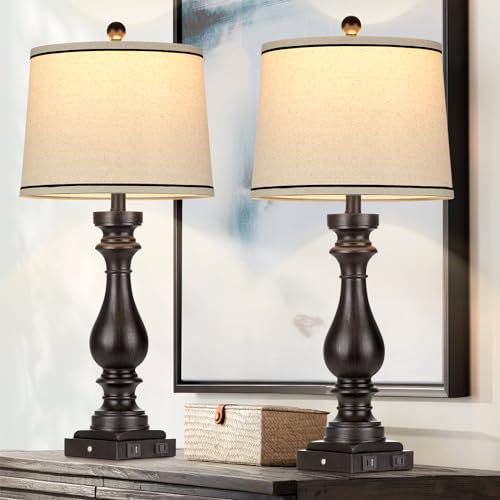 Cinkeda 29" Tall Table Lamp for Living Room Set of 2,Farmhouse Vintage Bedside Nightstand Lamps with USB C+A Ports & AC Outlet,3-Way Dimmable Touch Control Retro Black Lamp for Bedroom,Color 5 - color: Black