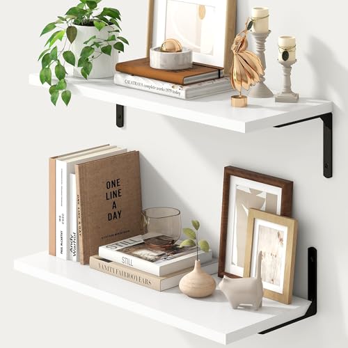 Fun Memories Deep Floating Shelves, 24W x 8D Floating Shelves Set of 2, Wall Mounted Shelf with Metal Brackets, Rustic Wood Wall Shelf for Bathroom, Kitchen and Living Room, White - color: White | L Bracket, size: 24"L x 8"D