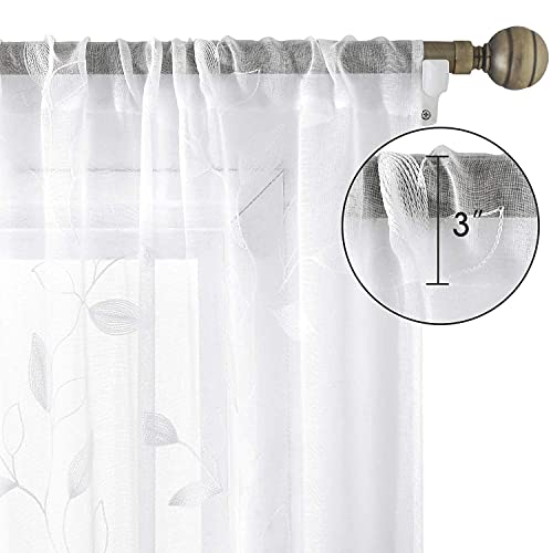 HOMEIDEAS White Sheer Curtains Leaf Embroidered, 52x84 Inch, 2 Panels - color: 4-white, size: 52"W x 84"L (Pack of 2)
