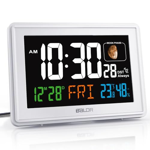 Baldr Digital Alarm Atomic Clock, 7'' Display with Adjustable Brightness - color: White