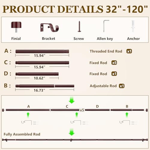 Curtain Rods for Windows 32-120 Inch, 1 Inch Adjustable Brown Curtain Rod Set with Brackets, Easy Install - color: Brown, size: 32"-120"/1 Pack