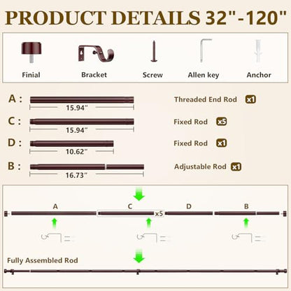 Curtain Rods for Windows 32-120 Inch, 1 Inch Adjustable Brown Curtain Rod Set with Brackets, Easy Install - color: Brown, size: 32"-120"/1 Pack