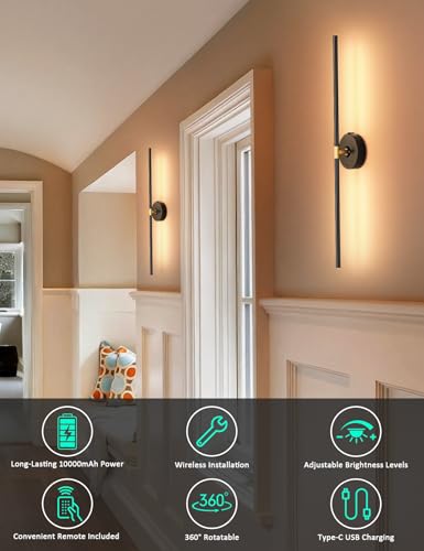 Wall Sconces Battery Operated Set of 2, 10000mAh Rechargeable Wall Lights - color: Black