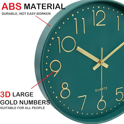 Modern Silent Wall Clock, 12 Inch Wall Clocks Battery Operated Large Number, Non-Ticking Analog Clock with Tempered Glass Quartz Clocks for Living Room Bedroom Office Kitchen, Dark Green - color: Dark Green, size: 12 Inch