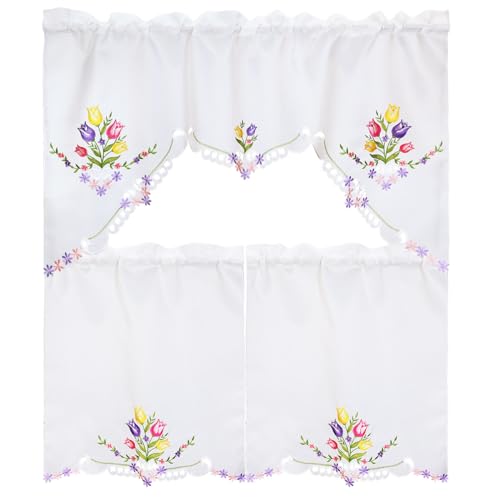 Simhomsen Embroidered Tulips Kitchen Window Curtain Swag and Tiers Set for Easters and Spring (Tulips) - color: Tulips
