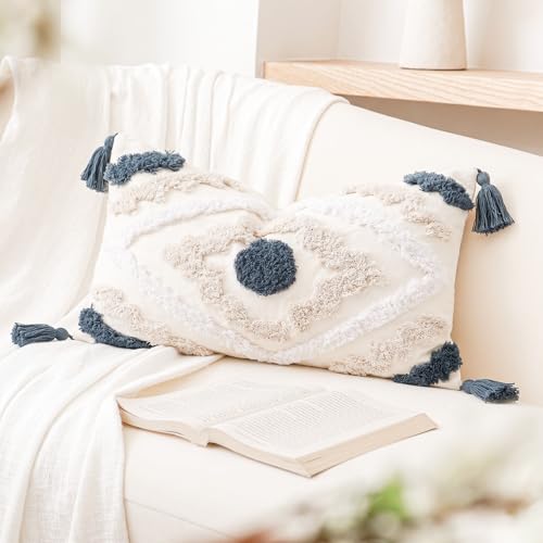 NUYECY Decorative Farmhouse Throw Pillow Covers 12 x 20,Modern Neutral Couch Pillow Cover,Cotton Checked Pattern Boho Lumbar Pillow Case Cover for Couch Bed Sofa Bedroom,Blue&Beige&White - color: Blue, size: 20" x 12" (Pack of 1)