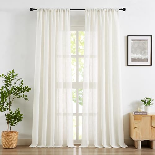 Treatmentex White Semi Sheer Curtains for Living Room 52 x 95 Long Drapes, Flax Linen Blend Pricacy Light Filtering Curtain Panels 2 Pack Rod Pocket - color: Off White-flax Blend Rod Pocket, size: 52"W x 95"L (Pack of 2)