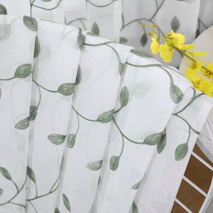 Tollpiz Leaves Sheer Tier Curtain Sage Green Leaf Embroidery Kitchen Half Curtains Rod Pocket Voile Faux Linen Embroidered Leaves Curtain for Bathroom, 30 x 36 inches Long, Set of 2 Panels - color: Sage Green, size: 30"W x 36"L (Pack of 2)