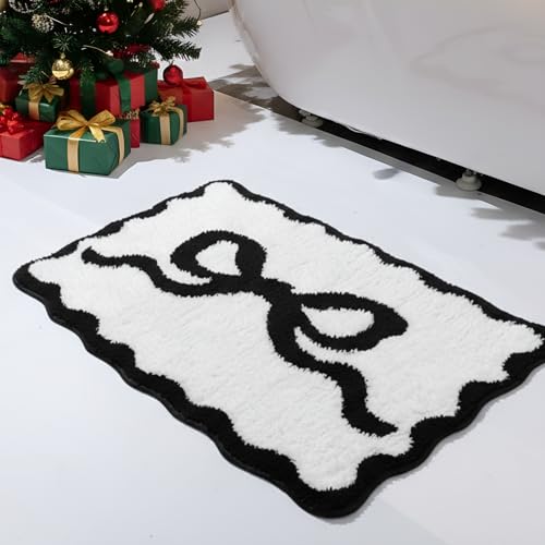 Tinideya Black Bow Bathroom Rug 20" x 32" Scalloped Bow Bath Mat - color: Black, size: 20" x 32" (Rectangular)
