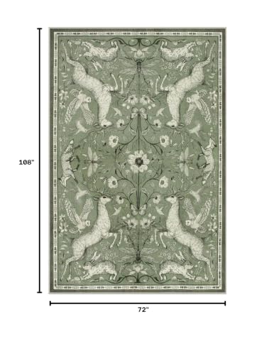 Lahome 6x9 Washable Area Rug for Living Room, Woodland Deer Boho Animal Rug, Vintage Botanical Green Non-Slip Low Pile Large Carpet for Bedroom Dining Room Nursery Farmhouse Decor - color: Green, size: 6' x 9' (Rectangular)