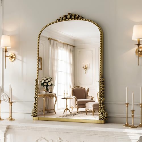 24x32 inch Arched Bathroom Mirror - Wall Vanity Mirror with Beautiful Retro Top and Bottom Engraving Process Frame, for Entryway, Fireplace, Living Room, Hallway or Wall Decor (Upgrade Tempered Glass) - color: Elegant Gold, size: 24"L x 32"W