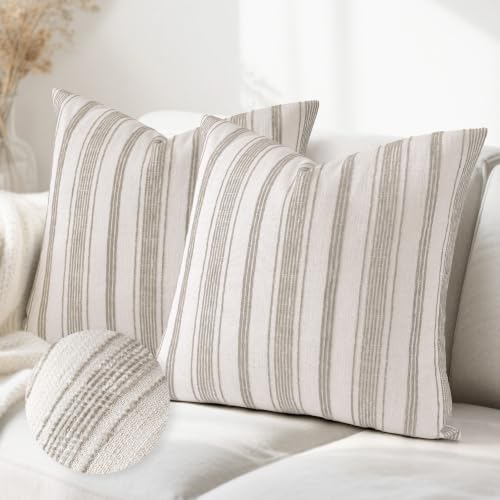 AELS 22x22 Decorative Farmhouse Linen Throw Pillow Covers, Beige with Brown Chenille Striped Pillow Case, Set of 2, Boho Textured Cushion Cover for Sofa Couch Living Room (Cover ONLY) - color: Beige With Brown, size: 22" x 22" (Pack of 2)