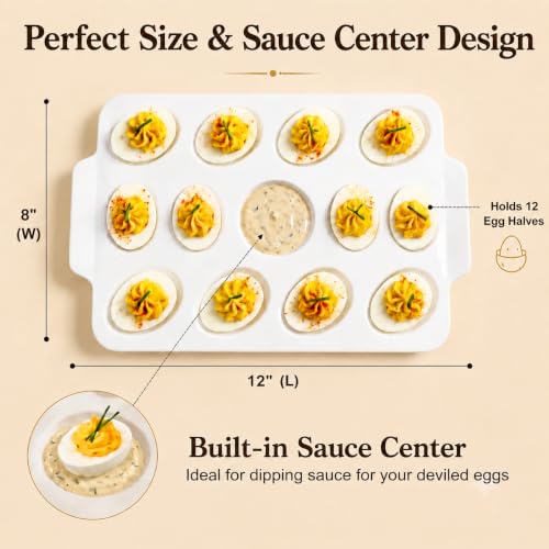 Ceramic Deviled Egg Tray 12 Slots + Sauce Center, 12 Inch for Easter Party