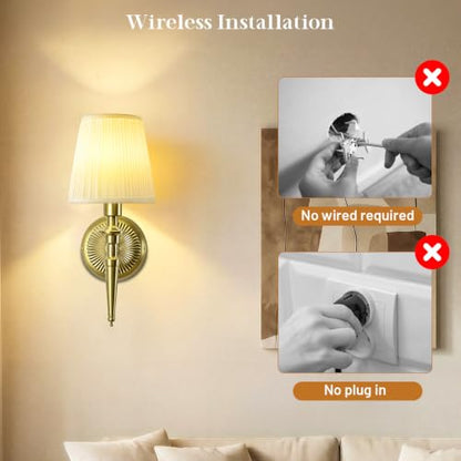 Battery Operated Wall Sconces Set of 2, Wireless Wall Lights with 12 RGB Colors and 3CCT Dimmable, Small Fabric LED Wall Lamps for Bedroom, Living Room, Hallway, Brass - color: Brass