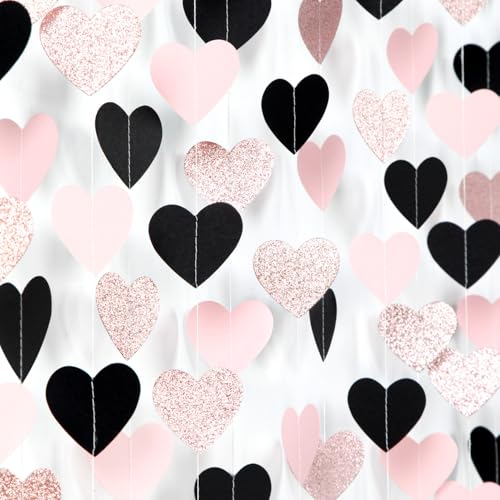 Rose-Gold Black-Pink Valentines Party-Decorations Heart-Garland - 52ft Glitter Galentines Hanging Streamers Banner,Women Romantic Special Night Wedding Birthday Bachelorette Backdrop Decor Burgleda - color: Rose Gold Black Pink