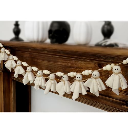 Bunny Chorus Ghost Halloween Garland: 1pc White Ghost Halloween Party Banner with Wood Beads, Cute Ghosts Halloween Garland Halloween Banner Decorations for Home Wall Mantel Doorways Front Decor