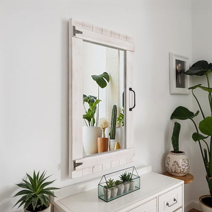 Oakrain Farmhouse Mirror, 24x32 Inch Distressed White Wood Frame with Black Metal Hinges, Rustic Wall Mirror for Bathroom, Living Room, Entryway, Bedroom - color: Distressed White-rectangular