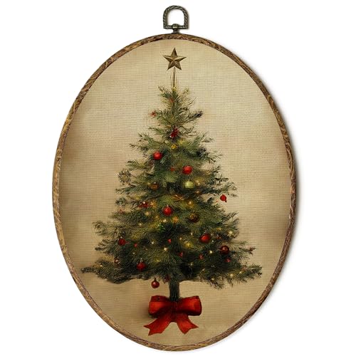 FSTCSV Vintage Christmas Tree Oval Wall Art Framed, Red Bow Natural Christmas Tree Canvas Prints Wall Hanging Art, Retro Rustic Xmas Winter Oval Walls Decor for Home Bedroom Farmhouse, 8.5x11.5in - color: christmas winter-10