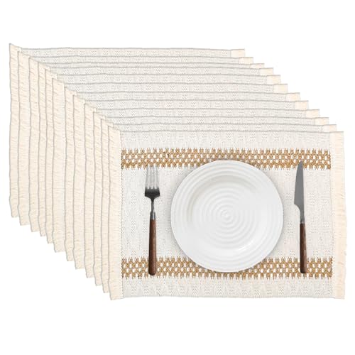 Niviy Boho Placemats Set of 12, 12x18 Inch Natural Cotton Burlap and Kitchen Woven Placemats with Tassels for Dining Table Centerpiece Thanksgiving Home Decorations - color: Beige & Brown, size: 12 x 18 Inches, Set of 12