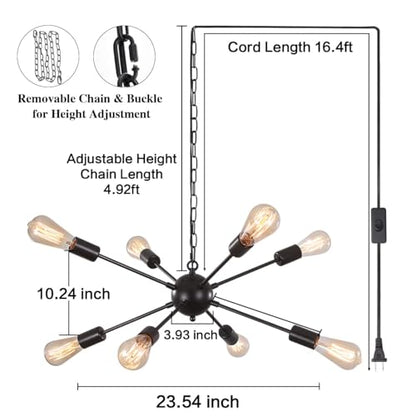8 Lights Plug in Chandelier, Hanging Lights Black Plug in Pendant Light - color: 8 Lights-Black-E26-Plug In, size: 8 Lights